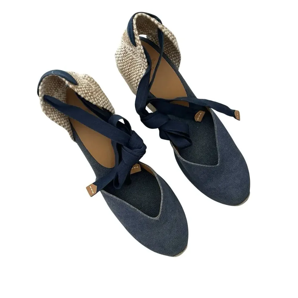 Castaner Carina Wedge Espadrille Ankle Tie Sandal Blue Canvas Sz 9 Resort boho